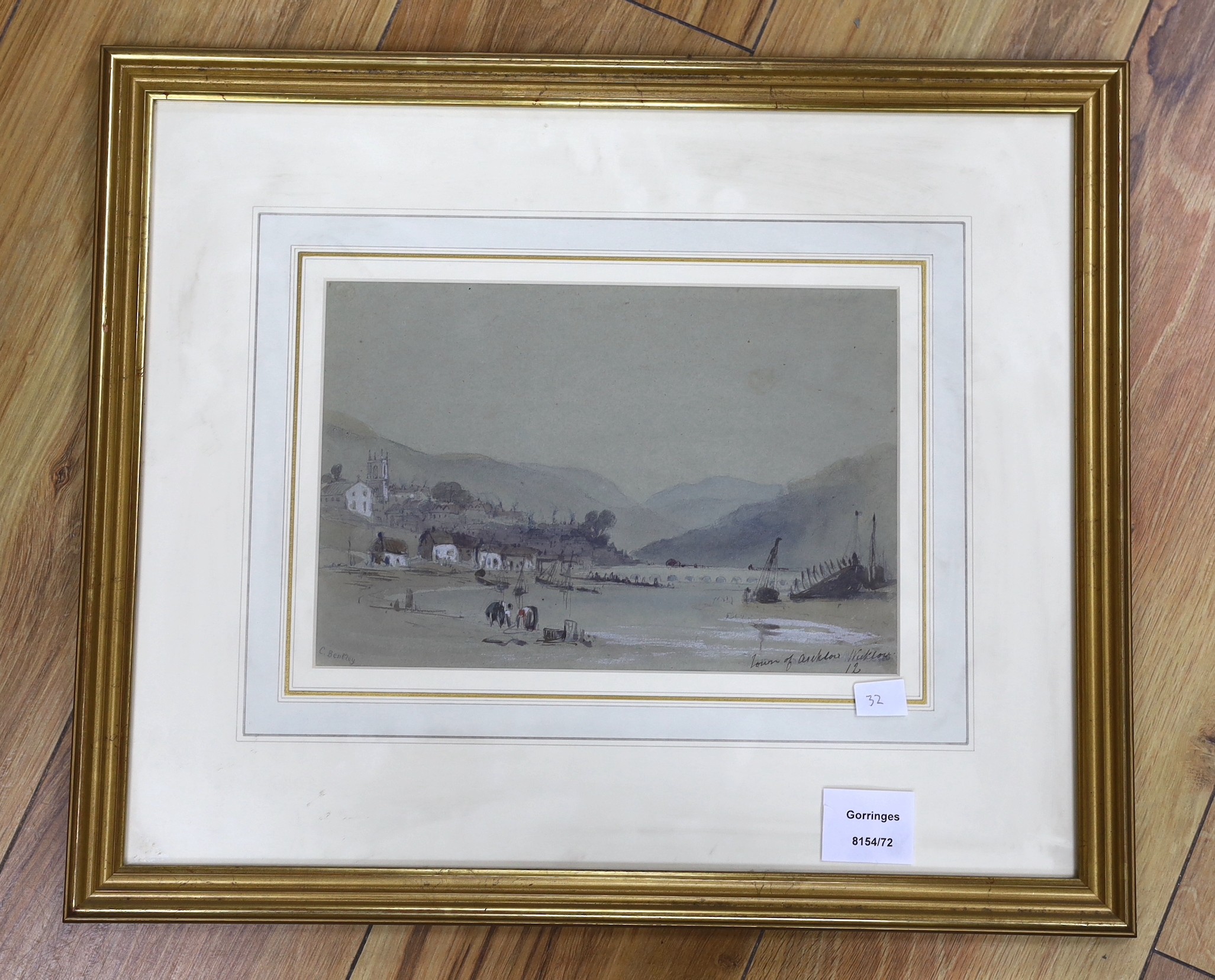 Charles Bentley (1808–1854), watercolour, Estuary scene with fishing vessels, Town of Arklow, Wicklow, signed in pencil, John Spink label verso, 17 x 26cm
